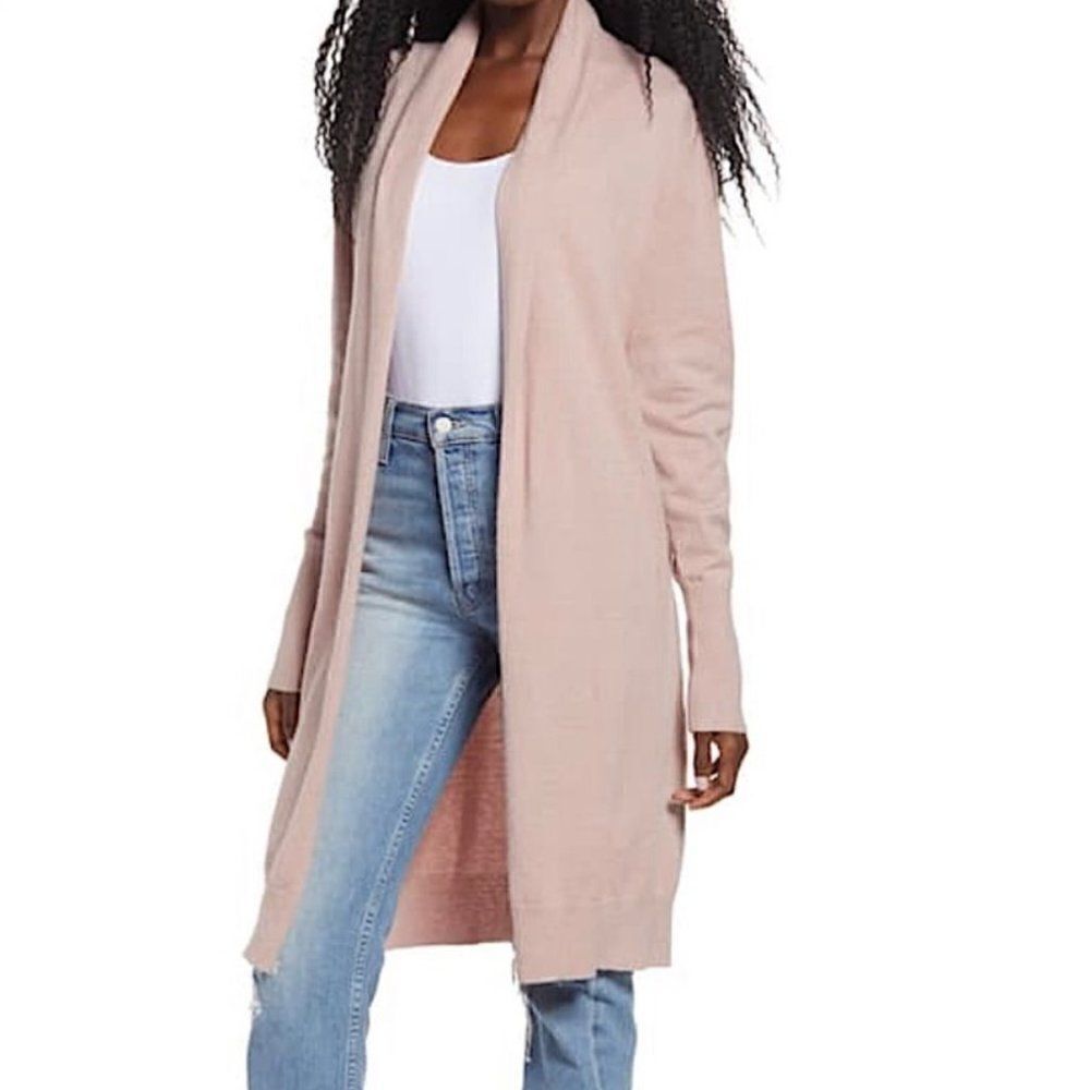 Leith Cozy Shawl Collar‎ Long Cardigan Sweater Soft Pink Adobe Women Medium
